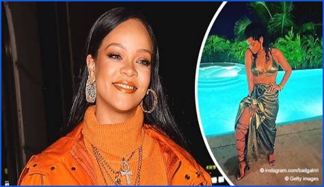 See Rihanna's New Year's Celebration Outfit Featuring a Metallic Bikini Top & Skirt Ensemble